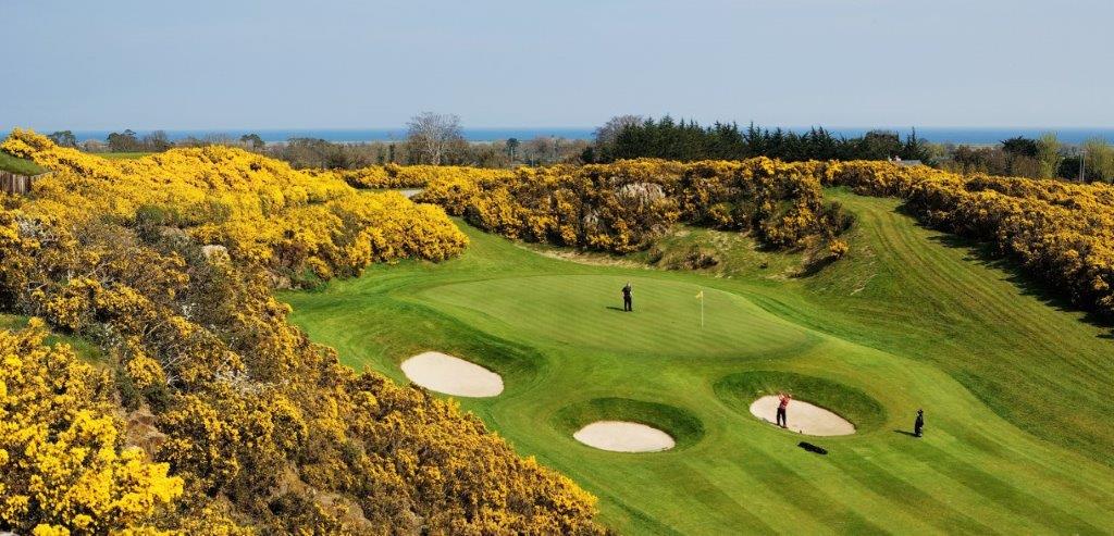 Golfgrün mit Bunker und Golfspieler auf dem Druids Health Golfplatz in der Nähe von Dublin, Irland