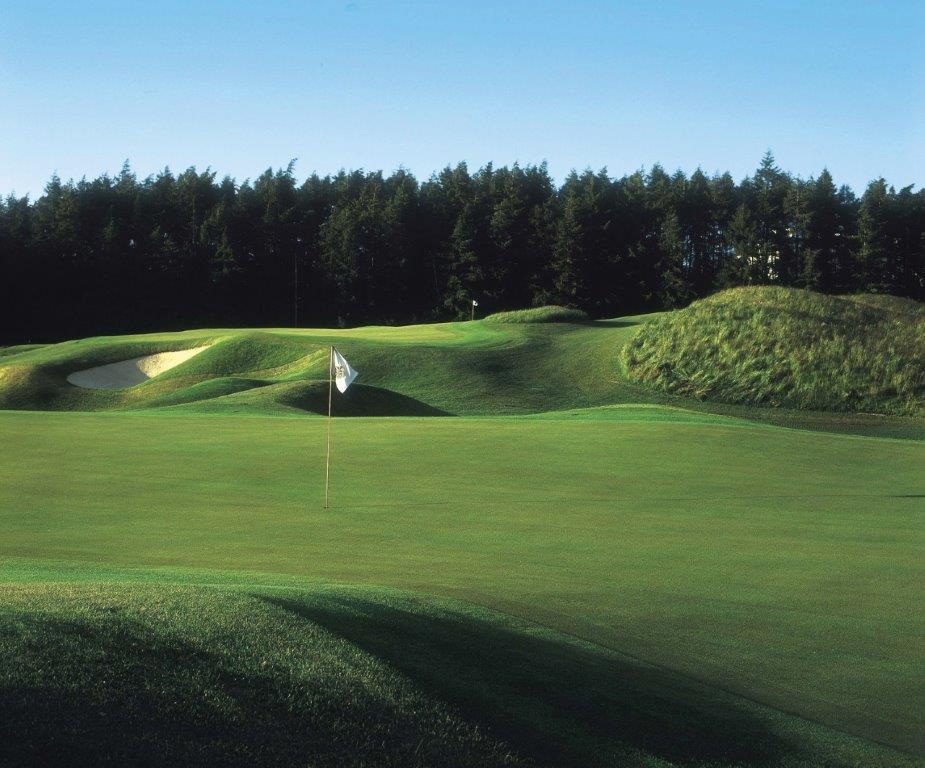 Golfgrün mit Markierungsfahne und Bunker auf dem K Club Smurfit Goflplatz in Dublin, Irland