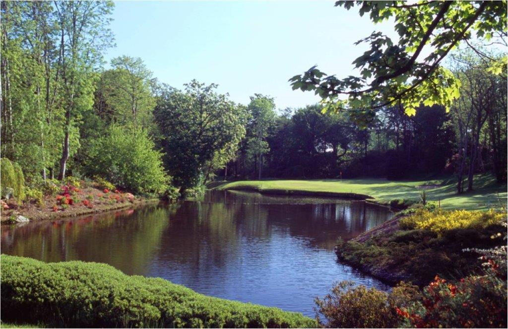 Teich mit Golfgrün auf dem Druids Glen Golfplatz in der Nähe von Dublin, Irland