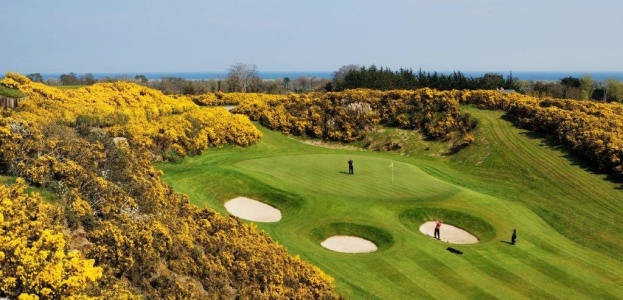 Golfgrün mit Bunker und Golfspieler auf dem Druids Health Golfplatz in der Nähe von Dublin, Irland